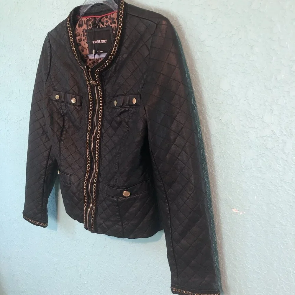 Members Only Womens Zip Front Moto Jacket Small Black Gold Tone Chain Link FLAWS - Picture 4 of 13